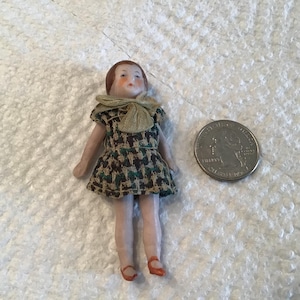 Vintage Antique Tiny Girl Doll Original Plaid Dress Miniature Jointed Bisque Porcelain