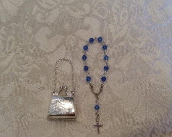 Tiny Blue Swarovski Crystal Rosary w/ Etched Sterling Silver Purse Locket Case