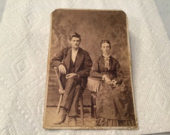 Antique Man and Woman Large Victorian Era Cabinet Card Photo Photograph Sepia Toned Black White