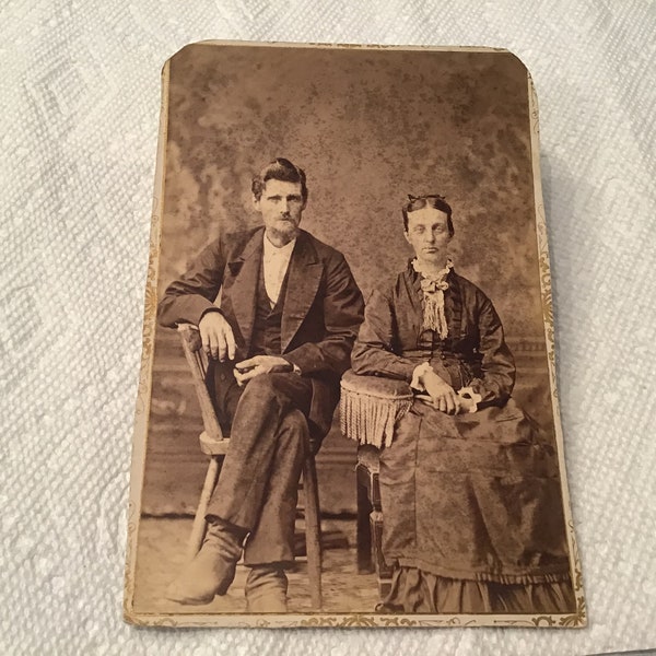 Antique Man and Woman Large Victorian Era Cabinet Card Photo Photograph Sepia Toned Black White