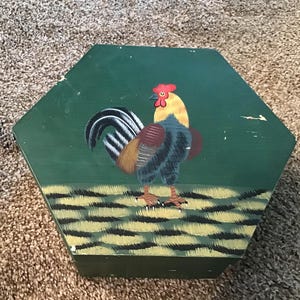 Vintage Distressed Iowa Farm Decor Hand Painted Rooster Decorative Box