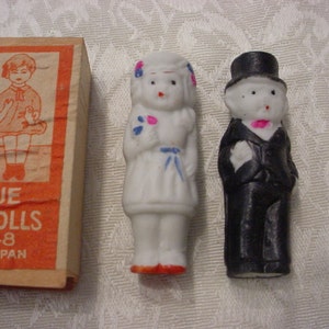 Antique Bisque BRIDE & GROOM  Porcelain Frozen Charlie Charolette Pudding Dolls NOS in Original Box Japan