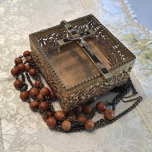 Antique Nun’s Large Habit Boxwood 66 Inch Wood ROSARY 5 Decade Skull Crossbones / Casket Case ~  Breathtakingly Scarce