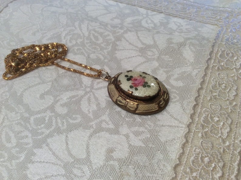 Vintage Deco Yellow GUILLOCHE Enamel Picture LOCKET Necklace ~ Art Nouveau