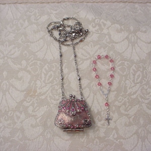 Pink Enamel Crystal Purse Locket Necklace w/ Tiny One Decade Pink Sterling Silver Swarovski Crystal Rosary
