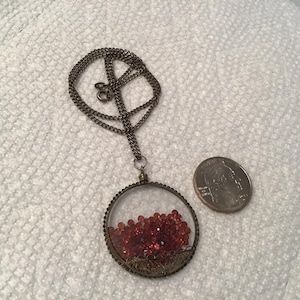 Art Nouveau Red Garnet Gemstone Sterling Double-sided Glass Shaker Locket Antique Floating Necklace~ Authentic Precious Gem Shaker Necklace