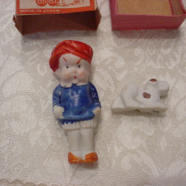 Antique Bisque BOY & DOG  Porcelain Frozen Charlie "Charolette" Pudding Dolls in Original Box Japan