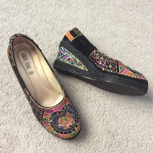 Vintage Beaded Sequin Fancy Black Wedge Shoes Exquisite ~ Size 7.5