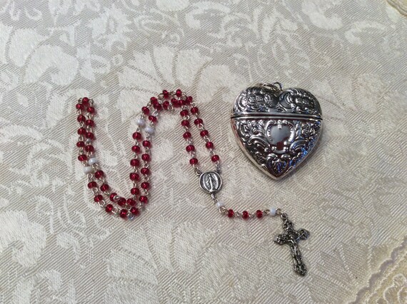 Red Seed Bead Sterling ROSARY w/ Mini Sterling Silver HEART Case Casket ~ Gorgeous ~ Vintage