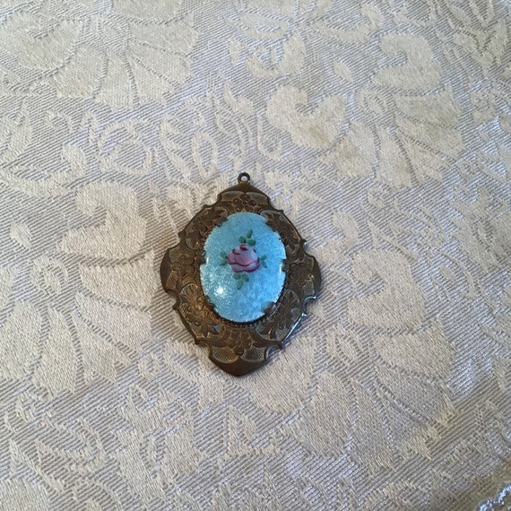 Antique Deco Aqua Blue GUILLOCHE Enamel Picture  … - image 1