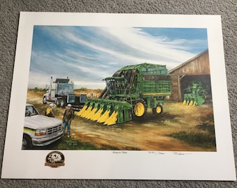 JOHN DEERE “Continuing the Tradition” 50th Anniversary Lithograph Cotton Picker Signed Crouse Print Limited Edition Vintage Very Rare!