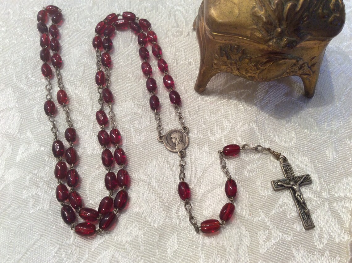 Antique Roma RED Glass Rosary W/ Tiny Gilded Brass Case B&W - Etsy