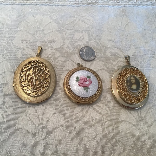 CHOICE...Vintage Deco GUILLOCHE Porcelain Gold-tone Picture LOCKET Pendant ~  Choice of One