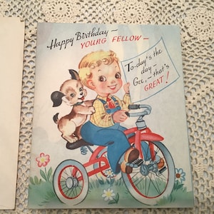 Vintage VERY RARE Little Boy Child Dog Bicycle Merri-Manifolds Lithograph Unsigned BIRTHDAY Card Fold Out Poster ~ Must See