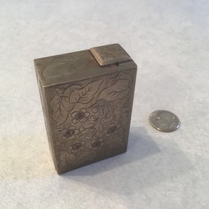 Etched Silver Vintage Powder Lipstick Mirror Compact Tiny Garnets