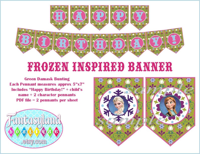 Frozen Inspired Banner Green Fuchsia Damask Bunting Etsy