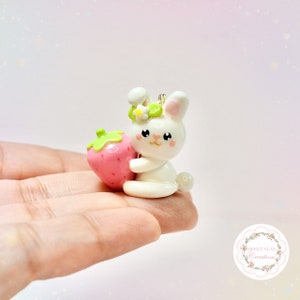 Strawberry Bunny Kawaii Charm Keychain Polymer Clay Handmade Jewelry Accessory Girl Birthday Gift Idea