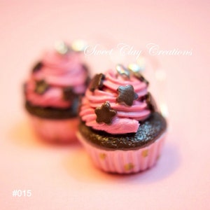 Pink Chocolate Cupcake Brown Stars Earrings Miniature Food Jewelry Polymer Clay Food Handmade Gift Girl Sterling Silver