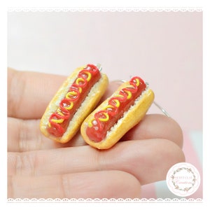 Hot Dog Earrings Miniature Food Jewelry Polymer Clay Food Handmade Gift Girl Red Brown Yellow Sterling Silver