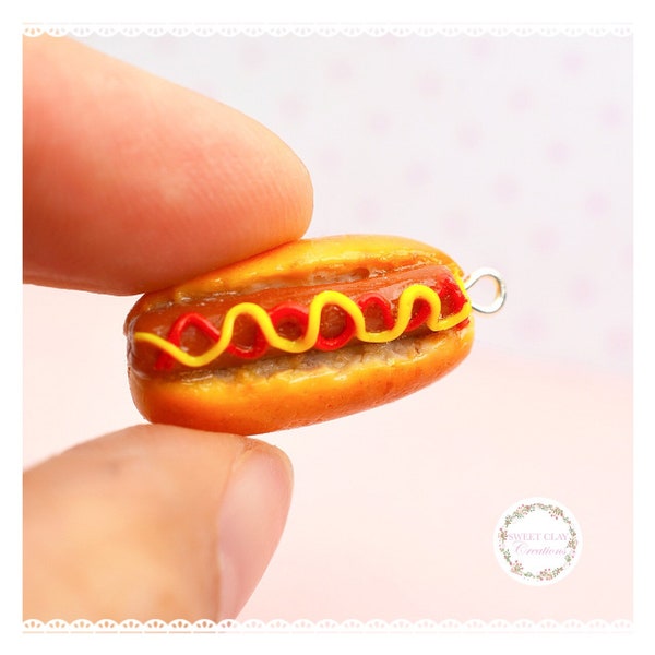 Hot Dog Charm Necklace Miniature Food Jewelry Pendant Polymer Clay Food Charm Handmade Gift Girl