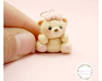 Teddy Bear Kawaii Charm Pendant Necklace Keychain Polymer Clay Handmade Jewelry Gift Girl Baby Shower Party Favor