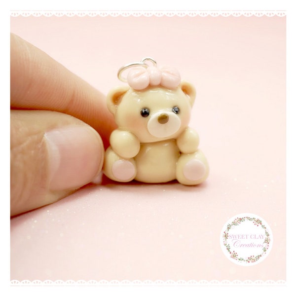 Teddy Bear Kawaii Charm Pendant Necklace Keychain Polymer Clay Handmade Jewelry Gift Girl Baby Shower Party Favor