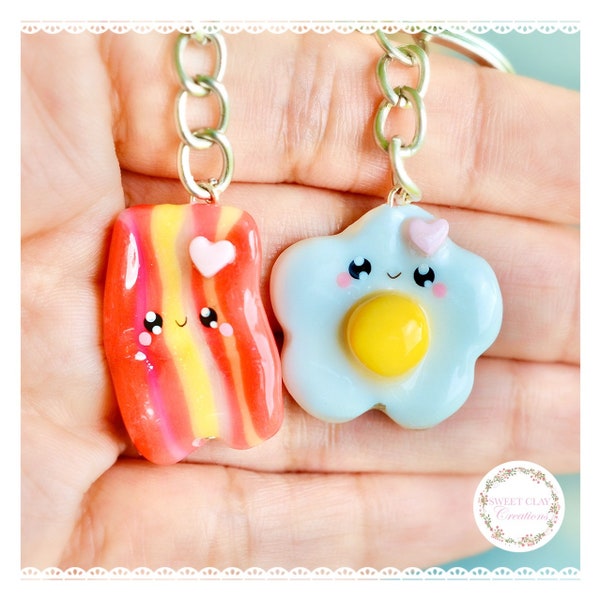 Bacon and Eggs Kawaii Keychain Charms Polymer Clay Handmade BFF Best Friend Gift