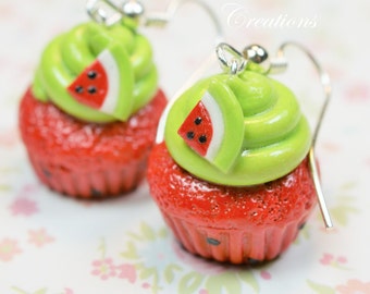 Watermelon Cupcake Earrings Miniature Food Jewelry Polymer Clay Food Handmade Gift Girl Sterling Silver