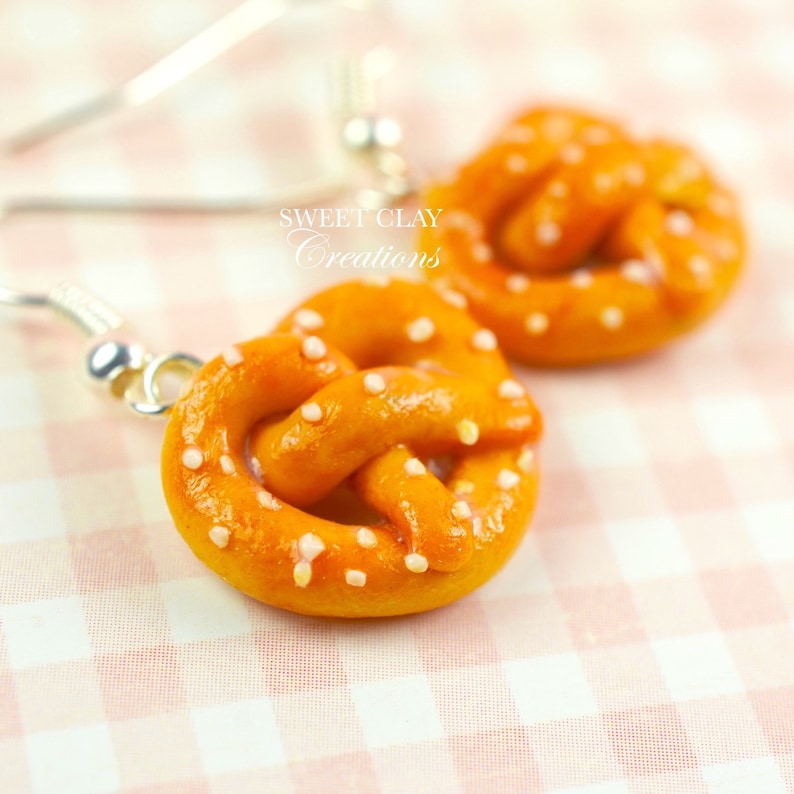 Pretzels Earrings Miniature Food Jewelry Polymer Clay Pretzel Food Handmade Gift Girl Sterling Silver image 1