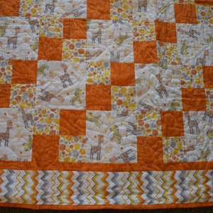 Giraffe Baby Crib Quilt,  Orange, Gray and White Patchwork with Giraffe, Dot,  Chevron Fabric, Machine Pieced and Quilted,  Free Shipping.