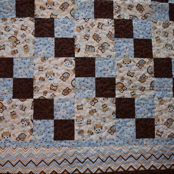 Owl Baby Crib Quilt,  Blue and Brown Patchwork Quilt  in Owl, Polka Dots and Chevron Fabric, Machine Pieced and Quilted,  Free Shipping.