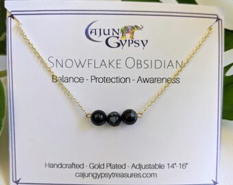 Simple Stacker Choker Necklace Gold Plated with Snowflake Obsidian Adjustable