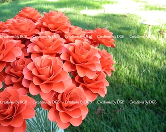 Wedding Paper Flowers - Stemmed Dark Coral Paper Flowers - 25  pcs - MADE TO ORDER - For Weddings, Showers, Centerpiece, Gifts