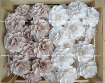 Paper Flowers- Blush Pink and White Pearl Linen -  Favor Boxes - Place Cards - Cake Toppers,  Table Decor, Weddings - 50 pcs - Made to Order