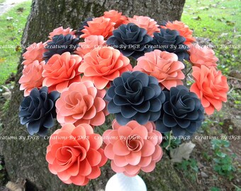 Stemmed Paper Flowers - Corals and Dark Gray Flowers - 25  pcs - MADE TO ORDER - For Weddings, Showers, Centerpiece, Gifts