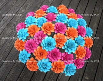 Stemmed Paper Flowers - Fuchsia, Tangerine, and Turquoise Flowers - 25  pcs - MADE TO ORDER - For Weddings, Showers, Centerpiece, Gifts