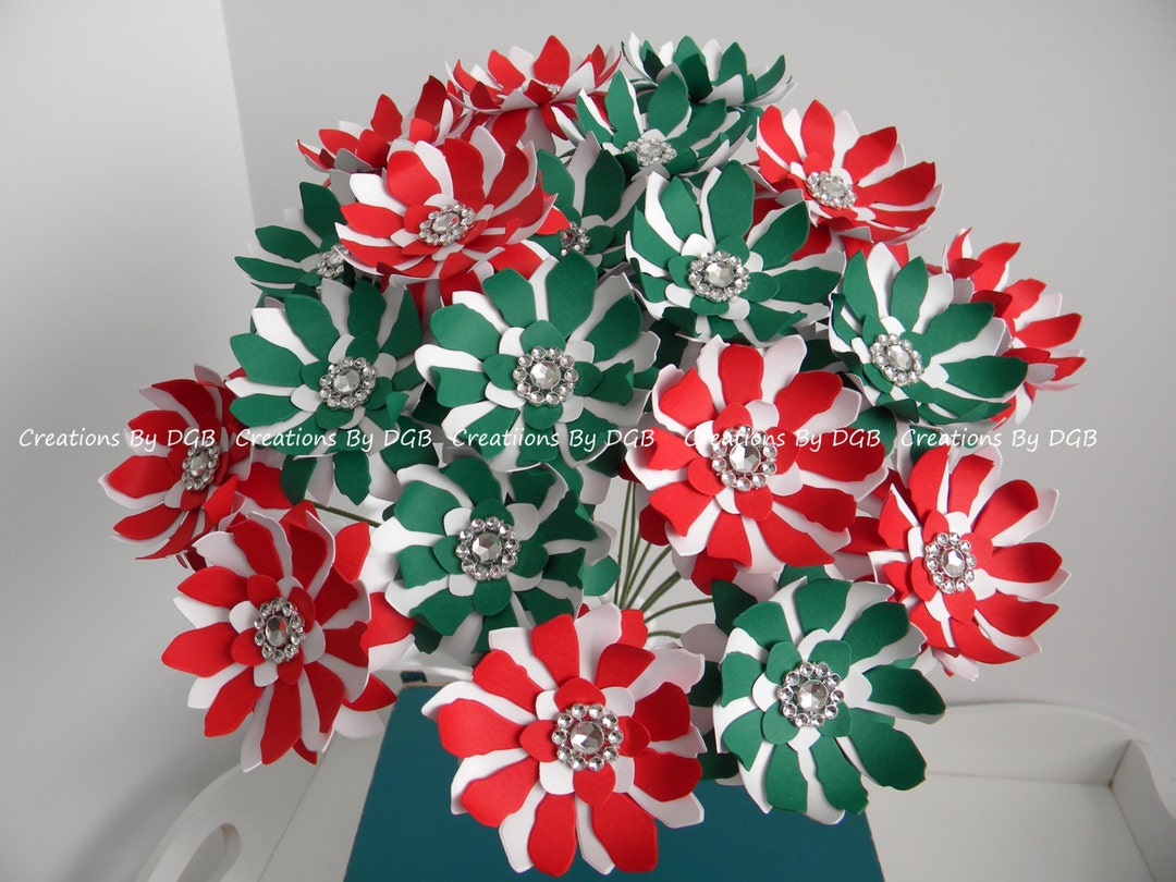 Christmas Paper Flowers, Holiday Paper Flowers Stemmed 25 Pcs Made to