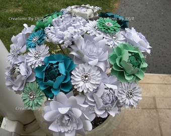 Paper Wedding Bouquet, Spring Wedding Bouquet, White, Green, Teal and Silver Paper Bouquet - 25 pcs - Customize your order