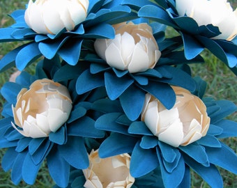 Daisy Paper Flowers - Stemmed - Teal and Cream Flowers - 12 pcs - Made to Order - For Weddings, Parties, Showers, Centerpiece