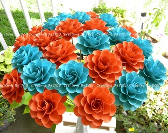 Stemmed Paper Flowers - Tangerine and Turquoise Colors Paper Flowers - 25  pcs - MADE TO ORDER - For Weddings, Showers, Centerpiece, Gifts
