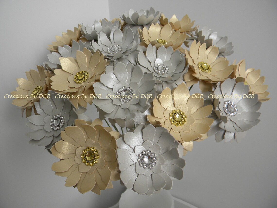 Stemmed Paper Flowers gold and Silver Flowers 25 Pcs Made Etsy