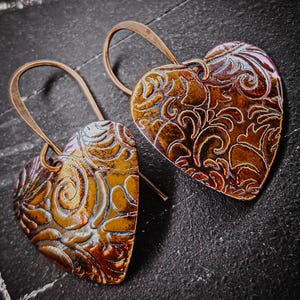 Fire Painted Heart Copper Earrings | Handcrafted Tooled Scroll Copper Earrings | Western Art Jewelry | Cowgirl jewelry