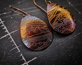 Fire Painted Teardrop Copper Fishing Earrings | Handcrafted Southeast Alaska Copper Earrings | Commercial Fishing Art Jewelry | Coastal