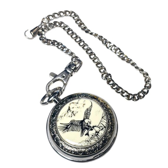 Soaring Eagle Pocket Watch Silver Tone Quartz Chain Works New
