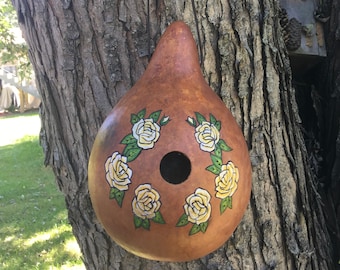 Large Natural Gourd Birdhouse - White Rose Decorated Birdhouse - Hand Painted