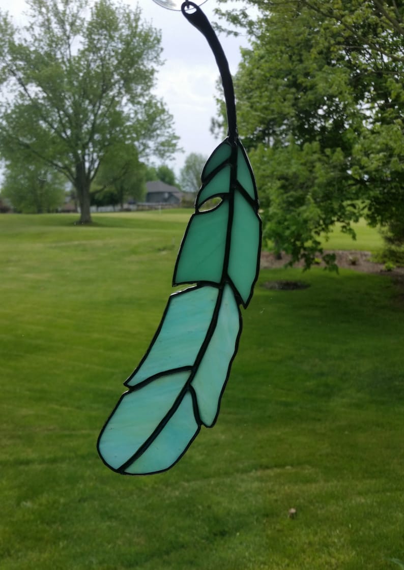 Stained Glass Feather Suncatcher with Metal Quill and Seafoam | Etsy