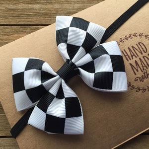 Checker Flag Hair Bow black and white racing Headband Available in Newborn to Adult size 3 inch Hair Bow Band for Babies and Girls