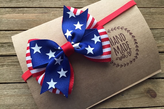 Baby's First 4th of July Stars and Stripes Hair Bow Headband Newborn to Adult size 3 inch 4th of July Bow Red White and Blue