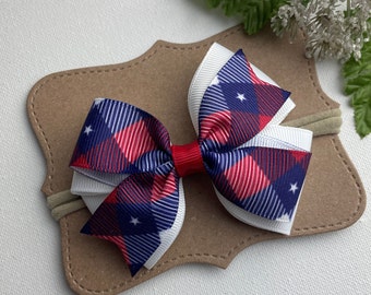 Plaid 4th of July Baby Headband , 3” Red White and Blue Nylon Headband , First 4th of July Headband