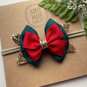 First Christmas Baby Headband – Hunter Green, Red & Gold Glitter Bow on Soft Nylon | Holiday Headband for Newborn to Toddler